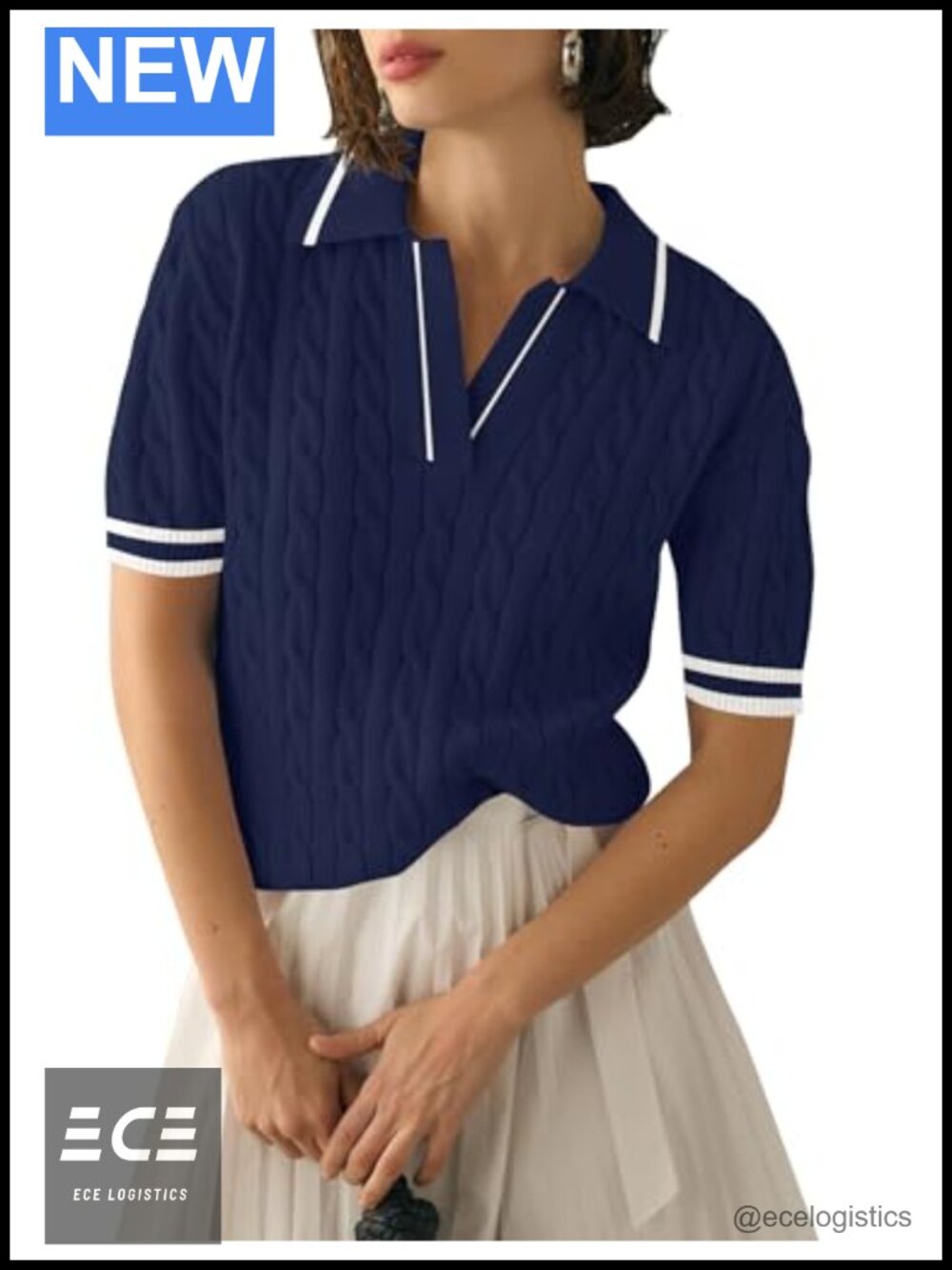 Womens Short Sleeve Cable Knit Sweater Lapel V Neck Polo Shirt Loose Fit